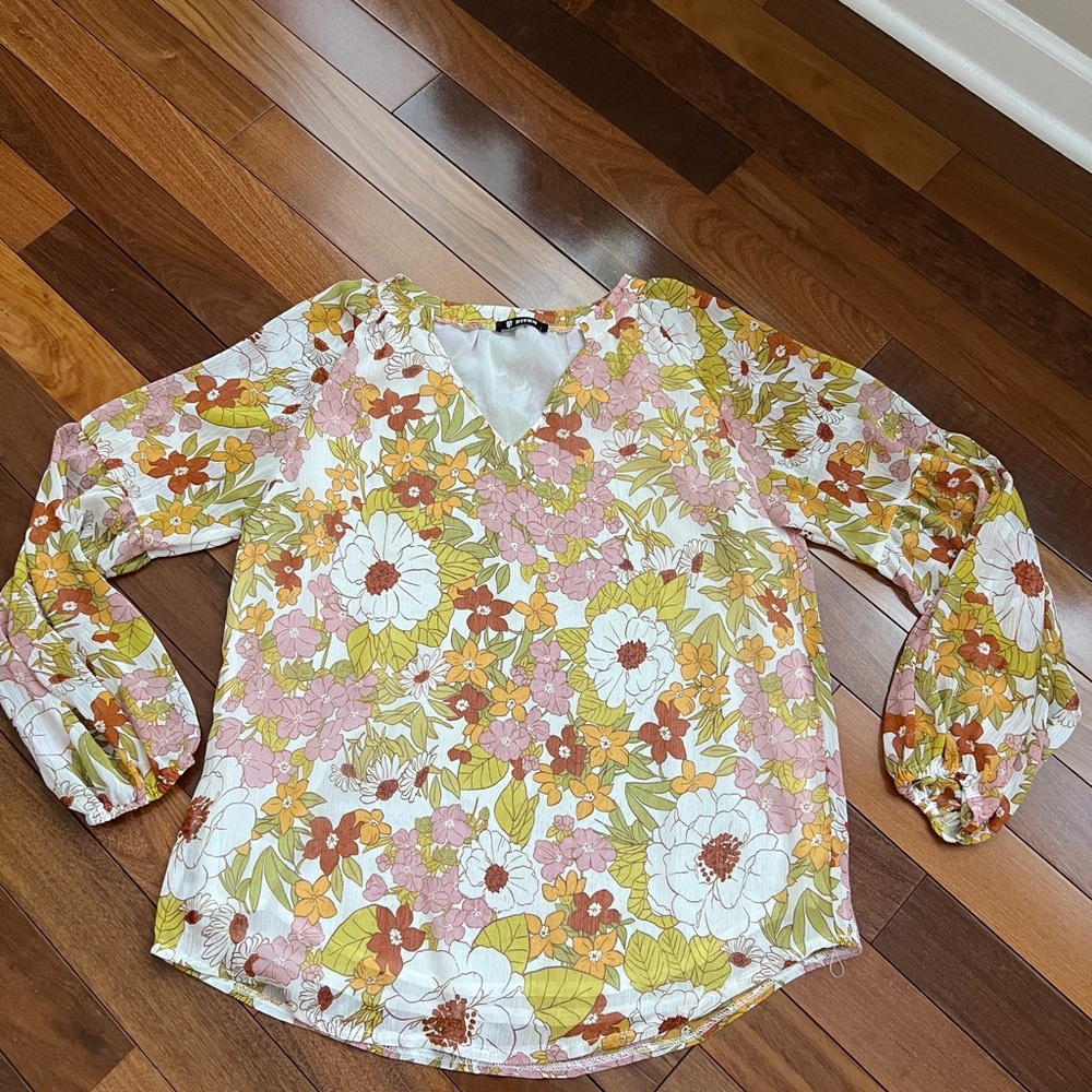 Floral V-Neck Blouse - Yellow and White